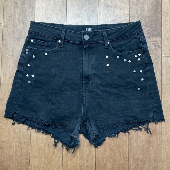 Paige Margot mini Shorts high rise Noir Studded Heart, black distressed, sz 29 - Picture 5 of 12